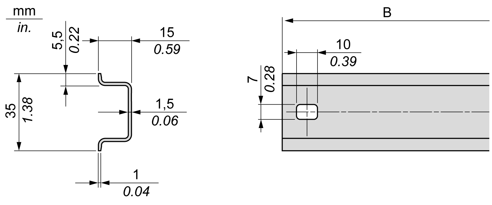 TM3 Yükleme Üst Başlık Bölümü Rayı (DIN rayı) Üst Başlık Bölümü Rayı DIN Rayı Boyutları Denetleyiciyi veya alıcıyı ve genişletme modüllerini 35 mm (1.