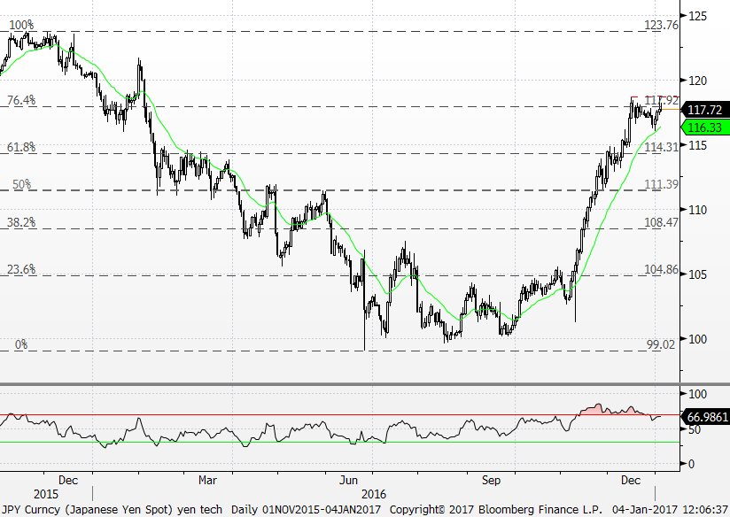 USD / JPY Soluklanma devam edebilir USD / JPY Teknik Analizi Kasım ayından itibaren sert yükselen, ancak son günlerde 2015 Aralık-2016 Temmuz döneminde kaydettiği sert düşüşün %76.