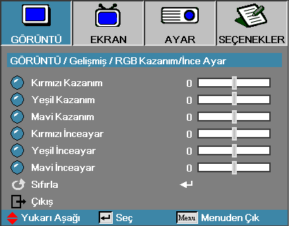 Kullanıcı Kontrolleri Görüntü Gelişmiş RGB Kazanım/İnce Ayar Bu ayar, griler/beyazlar içindeki kırmızı, yeşil ve mavi dengesini belirlemek için kullanılır.