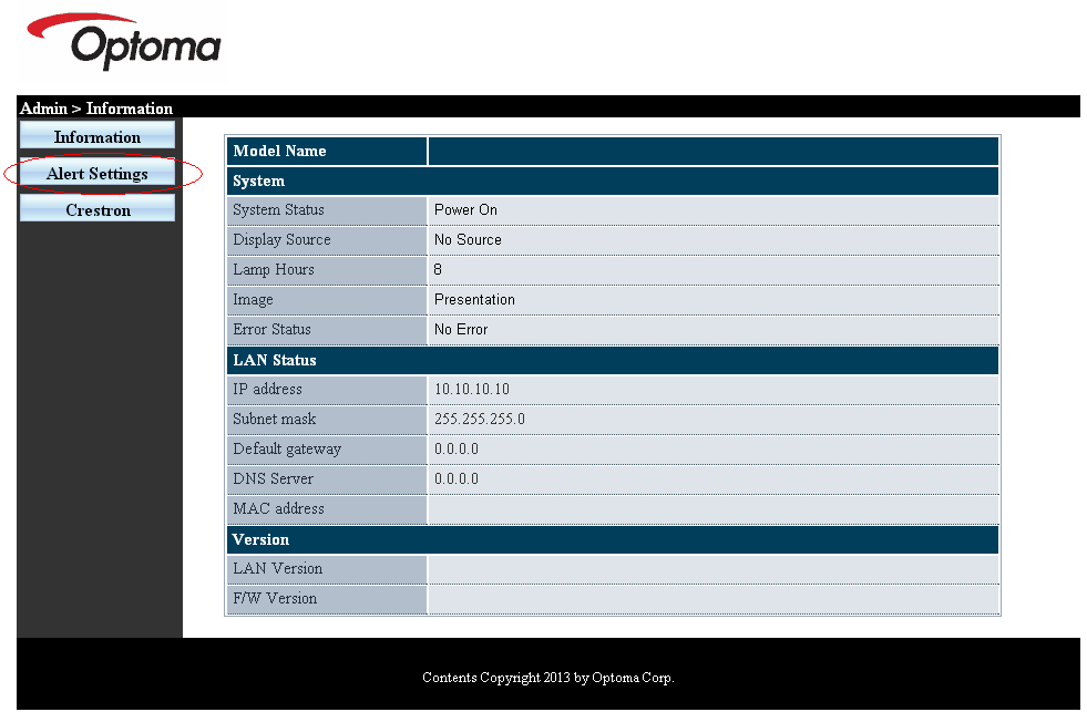 Kullanıcı Kontrolleri E-posta Uyarılarının Hazırlanması 1. Kullanıcının LAN RJ45 işlevi ana sayfasına web tarayıcı ile (örneğin Microsoft Internet Explorer v6.01/v8.