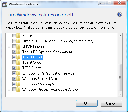 Kullanıcı Kontrolleri 3. "Windows özelliklerini aç ya da kapa" özelliğini açık konuma getirin. 4. "Telnet İstemcisi" seçeneğini işaretletin ve "Tamam" düğmesine basın. TELNET ile RS232 özellikleri: 1.