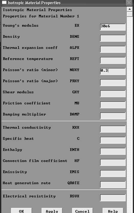 OK tıklanır. 4. Preprocessor -> Material Properties -> -Constant- Isotropic açılan pencerede Ok tıklanır.