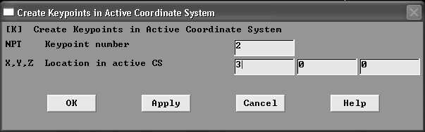 5. Model oluşturma, Preprocessor -> -Modeling- Create -> Keypoints -> In Active CS Şekil 3.5 1 anahtar noktasının tanıtılması. Şekil 3.6 2 anahtar noktasının tanıtılması.