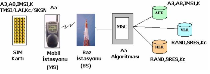 14 Şekil 2.7. GSM ağında güvenlik özelliklerinin dağılımı [25] Şekil 2.7 de güvenlik bilgisinin üç sistem arasındaki dağılımını göstermektedir; SIM, MS ve GSM ağı.