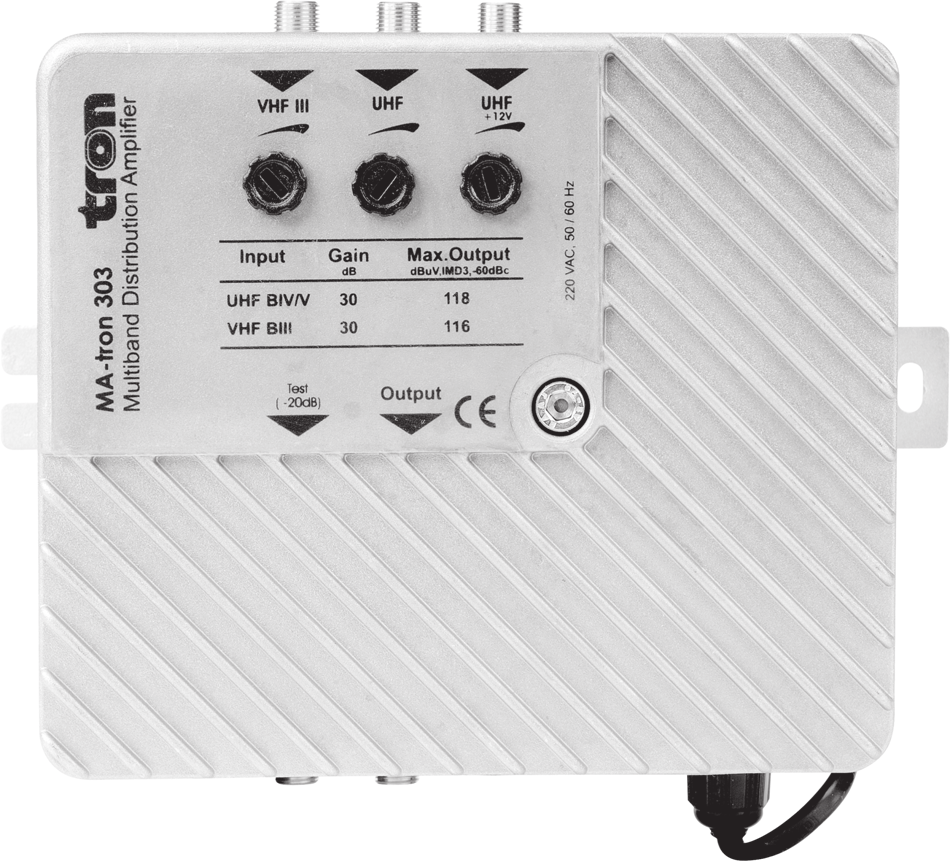 MA 303 3 Giriþli MA303 Serisi Ortak Anten Daðýtým Yükselticileri, 30 db kazançlý 2 adet UHF giriþi ve ilave VHFIII giriþi ile farklý yönlerden gelen karasal yayýnlarýn, küçük ve orta ölçekli toplu