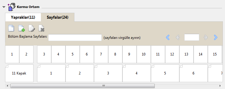 24 Şekilde, sayfalar olarak görüntülenen bir iş gösterilmektedir. Sekmede "Sayfalar"dan sonraki sayı, üst satırda küçük resimlerle temsil edilen belge sayfalarının sayısını belirtir.