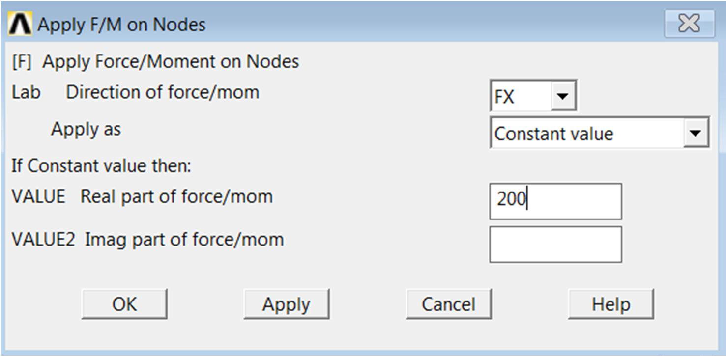 11. Lab Direction of force/mom kısmında FX seçilir. Value Real part of force/mom kısmına da 200 olarak girilir. 12.