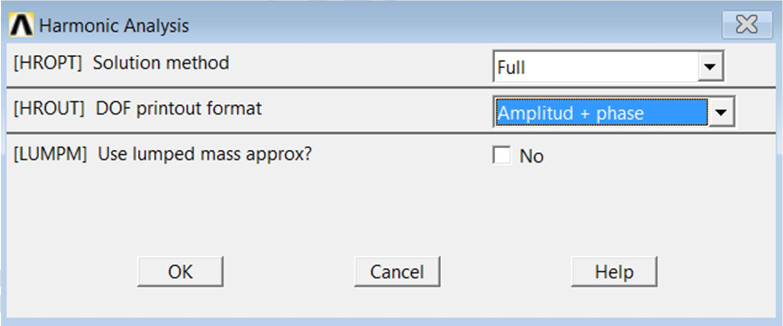 Harmonic Analysis diyalog kutusundan [HROPT] Solution method kısmında Full, [HROUT] DOF