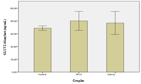 Kontrol, HFCS ve sükroz gruplarında GLUT2 seviyeleri (Mean (ng/ml) ± Standart sapma (SD)) KONTROL 68.84±5.02 GLUT2 HFCS 80.14±20.80 p=0.263 * (ng/ml) SÜKROZ 76.90±25.18 p=0.