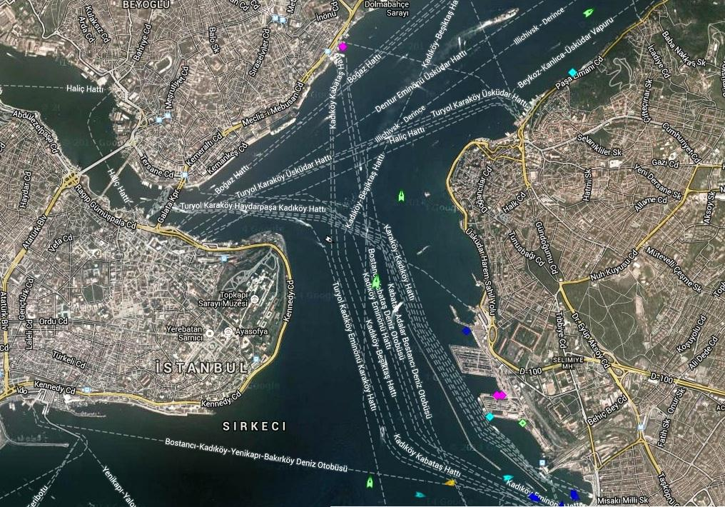 3.3 İstanbul Boğazı Deniz Trafiğinin Özellikleri 3.3.1 Mevcut hatlar İstanbul Boğazı güney girişinde trafiğinin büyük bölümünü oluşturan yerel deniz trafik hatları; Eminönü-Üsküdar Hattı,