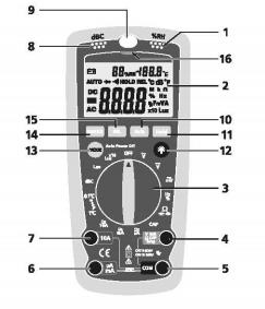 3 Panel Açıklama 1. Nem & Sıcaklık Nem Sensörü ve Kapalı içeride yarı iletken sensör 2. LCD ekran 4/5 basamak LCD ekran 3. Fonksiyon anahtarı 4. V / Hz% / CAP / Jak girişi 5. COM giriş jak 6.