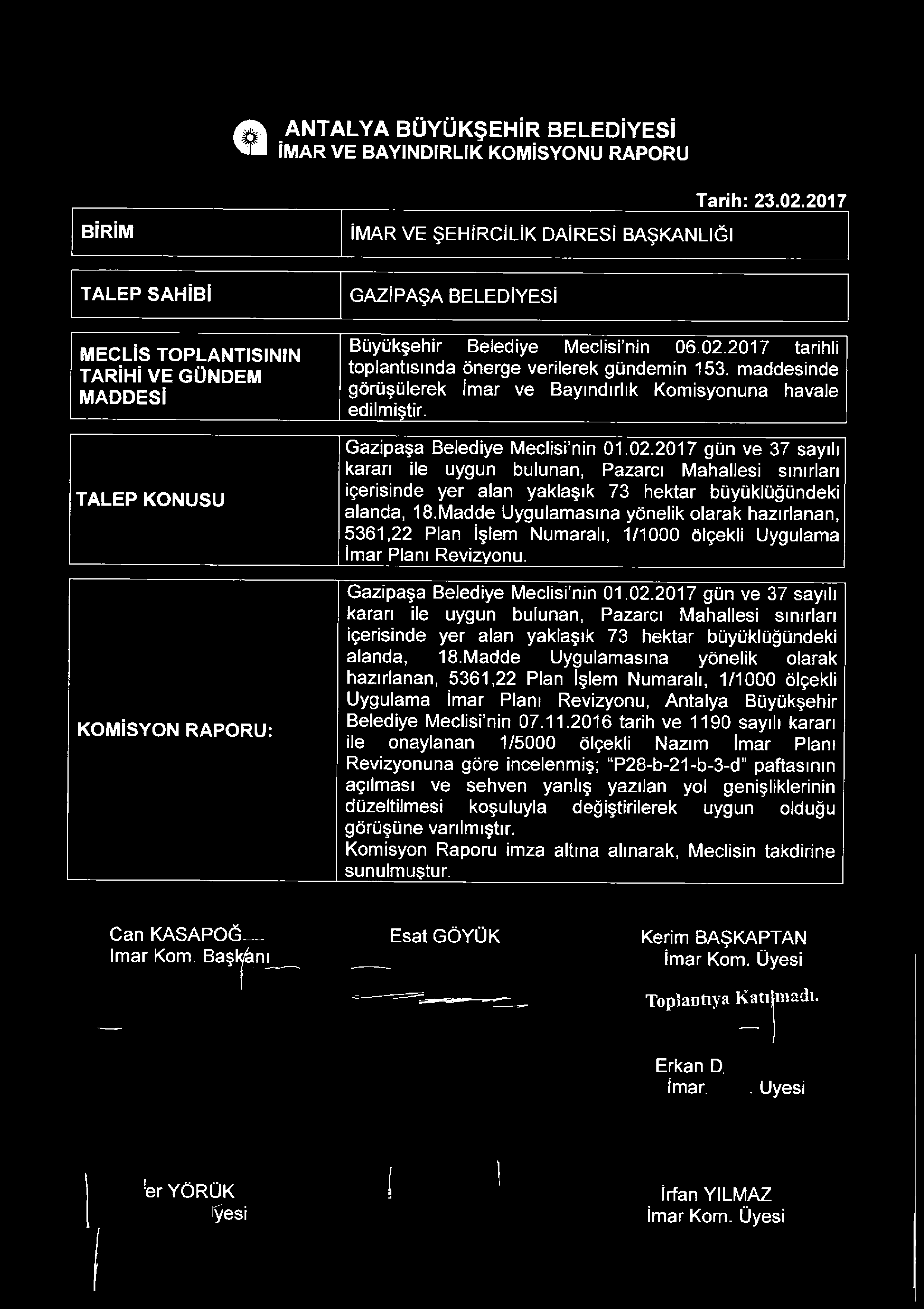 2017 tarihli toplantısında önerge verilerek gündemin 153. maddesinde görüşülerek imar ve Bayındırlık Komisyonuna havale edilmiştir. Gazipaşa Belediye Meclisi nin 01.02.