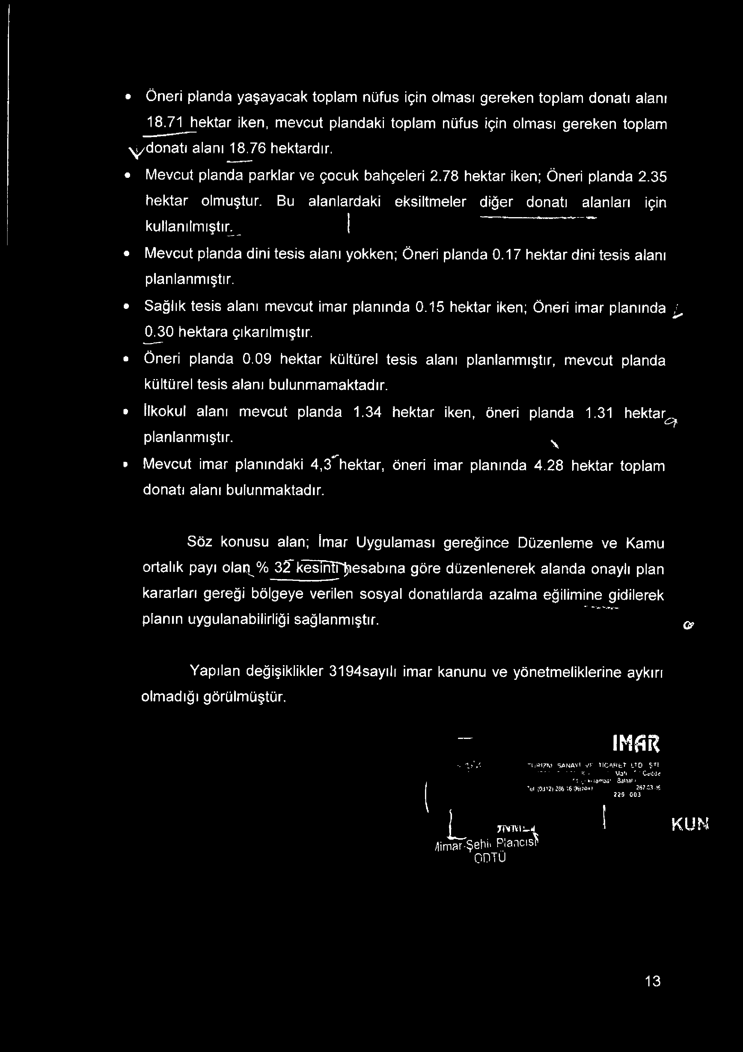 Bu alanlardaki eksiltmeler diğer donatı alanları için kullanılmıştır^_ Mevcut planda dini tesis alanı yokken; Öneri planda 0.17 hektar dini tesis alanı planlanmıştır.