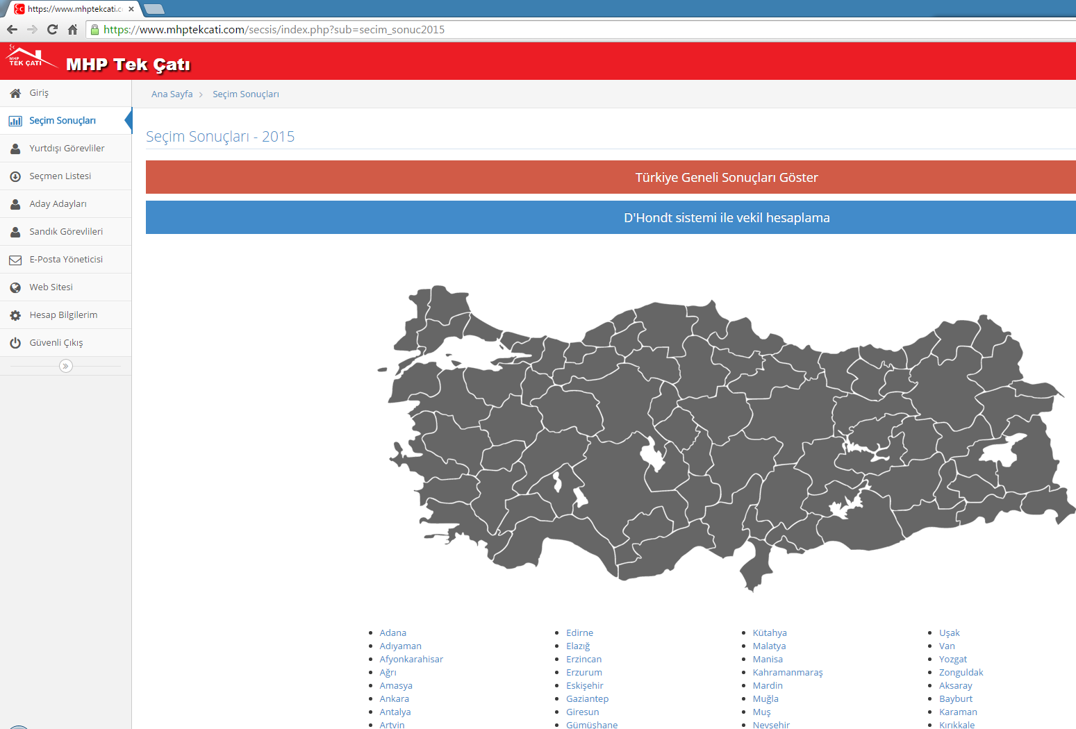 Kullanıcı bu ekranda dilerse TÜRKİYE GENELİ SONUÇLARI bölümünü