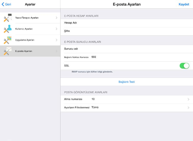 7 E-posta Ayarları 7 E-posta Ayarları Bu uygulamadan e-postaları yazdırmak için e-posta hesabı bilgilerini ayarlayın (bkz. bölüm 9.4).