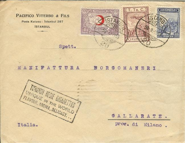 30 Ağustos 1933 Tayyare ve Zafer bayramında yollanılan bu zarfta Tayyare Cemiyeti tarafından 1932 yılında çıkarılan serinin bir kuruşluk pulu kullanılmış.
