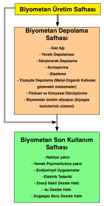 Şekil 2.15 te görüldüğü gibi biyometan üretildikten sonra birtakım alternatif teknolojiler kullanılarak hem depolanabilir ve hem de doğrudan kullanılabilir [61]. Şekil 2.15. Biyometan Sistemi Safhaları (Üretimden-Son Kullanıma) [61] 2.