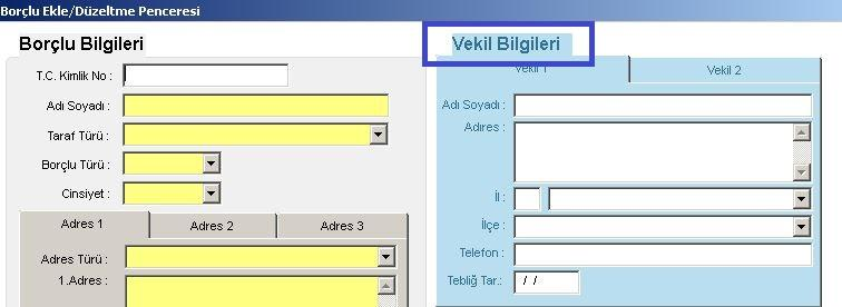 37 2.Ana kart ekranında borçlu bilgileri alanının sağında yer alan düzenle Vekil Bilgileri alanından vekil girişi yapılabilir.