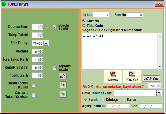 45 3.2 Takiplerin UYAP a Uygun Biçimde XML Dosyasına Dönüştürülmesi 1.Takipler açıldıktan sonra, programın ilk açılış ekranında yer alan Toplu iş menüsünden Toplu Baskı seçeneğine tıklanır. 2.