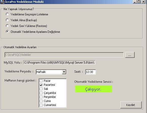 78 2. Hiçbir ayar yapılmadığı takdir de program haftada bir kez olacak şekilde; İcraPro nun kurulu olduğu klasör içerisindeki Yedekler klasörü içerisine otomatik olarak yedek alacaktır. 3.