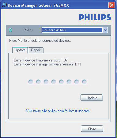 6 Philips Device Manager ile bellenimi güncelleştirme Philips Device Manager'ı Yükleme 2 Philips Device Manager uygulamasını başlatın. Bir iletişim kutusu görüntülenir.