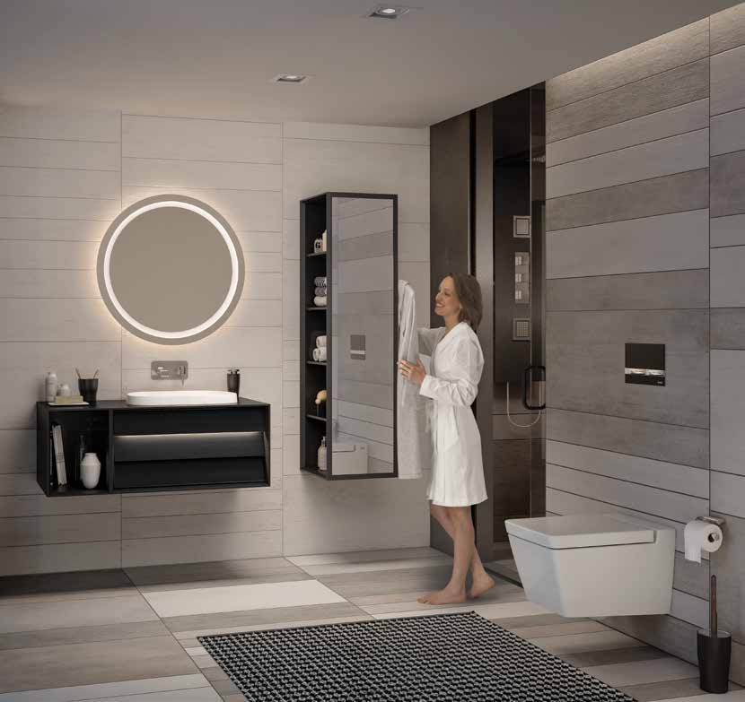 LED teknolojisiyle donatılmış lavabo dolapları ve aynalar, serinin şıklığına etkileyici bir boyut katarken, benzersiz bir banyo