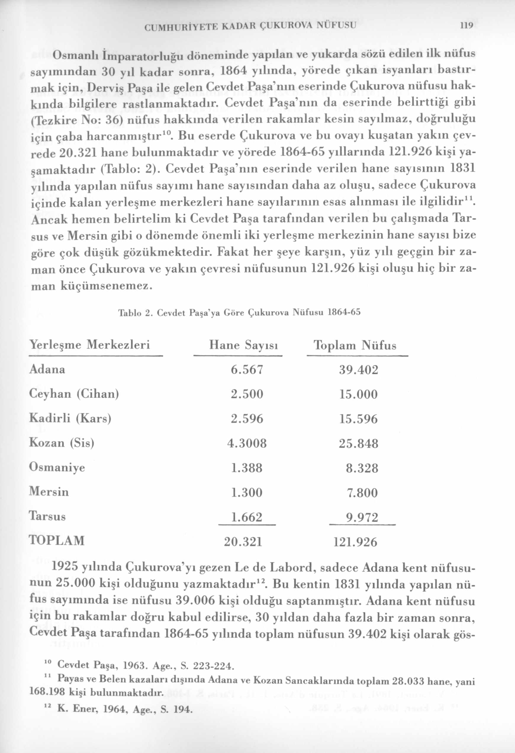 CUMHURİYETE KADAR ÇUKUROVA NÜFUSU 119 Osmanlı İmparatorluğu döneminde yapdan ve yukarda sözü edilen ilk nüfus sayımından 30 yıl kadar sonra, 1864 yılında, yörede çıkan isyanları bastırmak için,