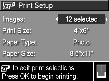 4 Kamera yazıcıya bağlıyken kamerada bir Print Setup (Baskı Düzeni) menüsü görünür. Basılacak görüntüleri kameranın Yazdır düğmesini kullanarak zaten seçtiyseniz, seçili görüntü sayısı gösterilir.