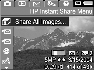 HP Instant Share menüsünü görüntülemek için HP Instant Share düğmesine basın. Bu menünün kullanılması hakkında bilgi için bkz. HP Instant Share Menüsünü Kullanma, sayfa 107.