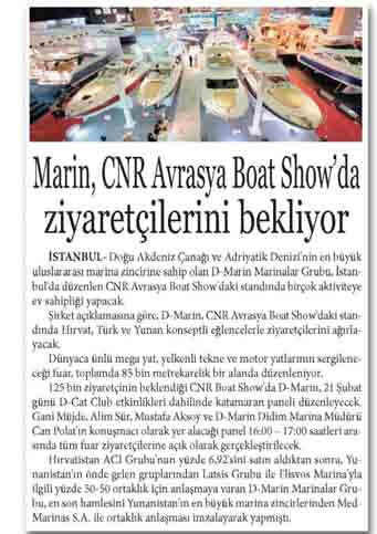 Marin, CNR Avrasya Boat Show ' da ziyaretçilerini bekliyor Yayın Adı Yeni Ekonomi Yayın