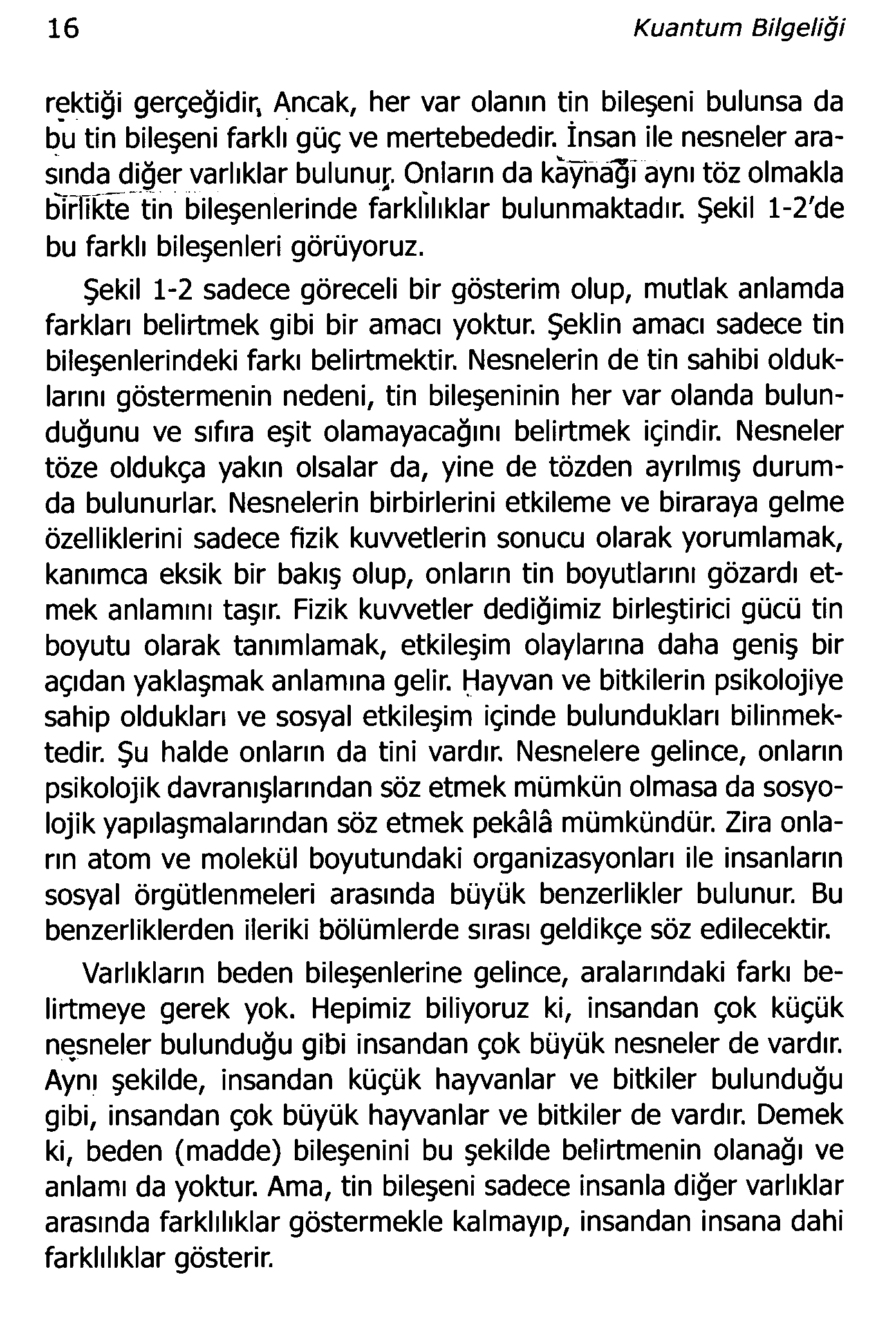 16 Kuantum Bilgeliği rektiği gerçeğidir, Ancak, her var olanın tin bileşeni bulunsa da bu tin bileşeni farklı güç ve mertebededir. İnsan ile nesneler arasında diğer varlıklar bulunur;.