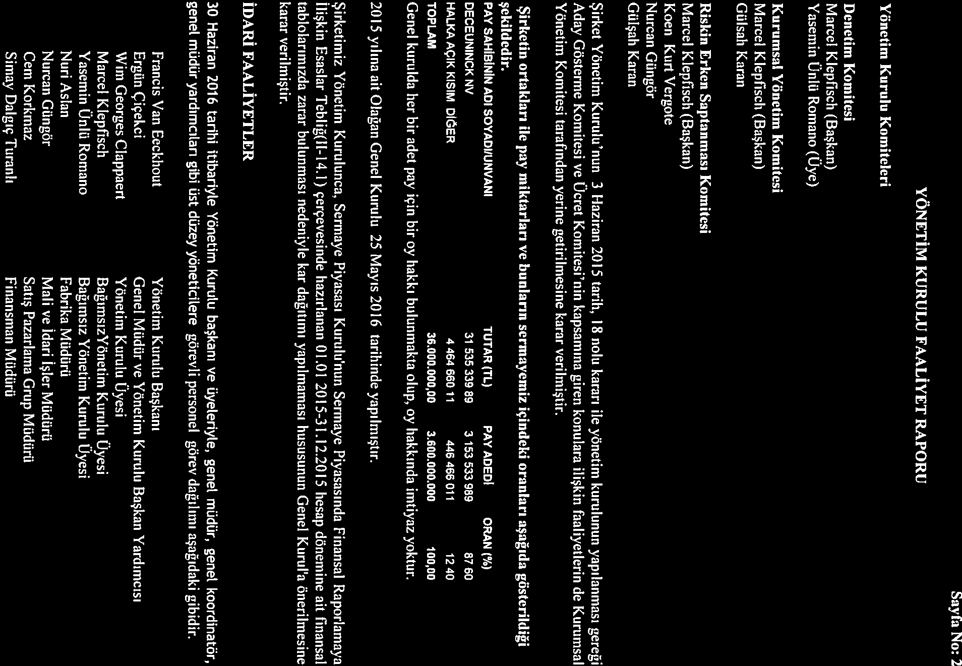 Sayfa No: 2 Yönetim Kurulu Komiteleri Denetim Komitesi Marcel KlepFısch (Başkan) Yasemin Ünlü Rornano (Uve) Kurumsal Yönetim Komitesi Marcel Klepflsch (Başkan) Gülsalı Karan Riskin Erken Saptanması