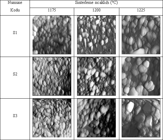 Şekil 2. Farklı sıcaklıklarda 4 saat süreyle sinterlenen numunelerin AFM görüntüleri Şekil 3 (a-c) de Eşitlik 3 den faydalanılarak elde edilen log (G)-log(t) eğrileri verilmiştir.