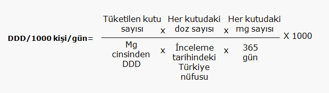 Bu hesaplamada aşağıdaki formül kullanılmıştır: ġekil 4: Günde 1000 kiģi baģına düģen tanımlanmıģ günlük doz hesaplaması içinkullanılan formül Efexor 75 mg 28 kapsül için Tablo 8 deki değerlerin