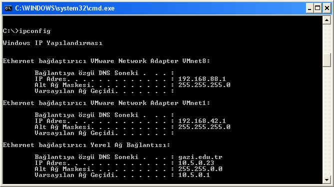 IPConfig Komutu Tüm IP ile konfigürasyonu