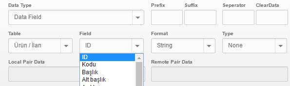 Datafield Elementin değerini veritabanından çekmek istiyorsanız Field alanından ilgili alanı seçiniz.