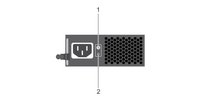 Rakam 10. Yedeksiz AC PSU durum göstergesi ve kendini tanılama düğmesi 1. kendini tanılama düğmesi 2. AC PSU durum göstergesi Tablo 9.