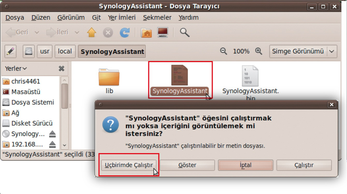 Yüklemek için, Terminale aşağıdaki komutu yazın: sudo apt-get install ia32-libs 5 /usr/local/synologyassistant (veya [sizin şimdi belirlediğiniz yol]/synologyassistant) yoluna gidin SynologyAssistant