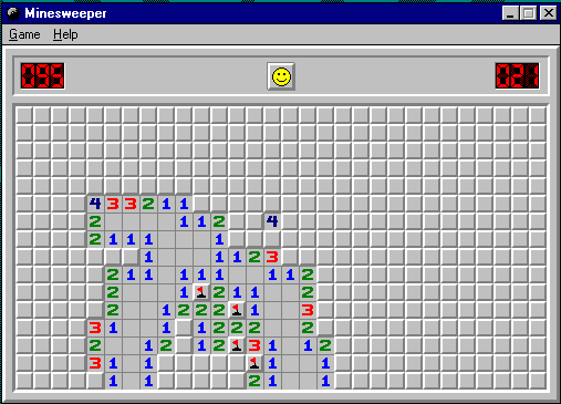 Şekil 1. Mayın tarlası oyunu ekran görüntüsü [30] (Screenshot of minesweeper game [30]) Mayınsız alanlara tıklayınca karşımıza gelen sayılar ise, o alan etrafında bulunan mayın sayısını vermektedir.