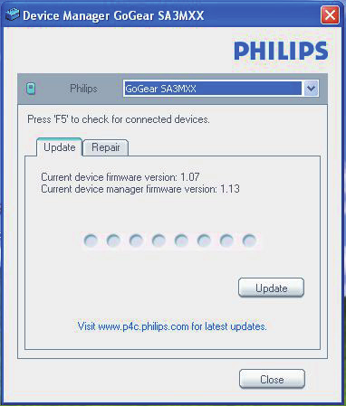 5 Philips Device Manager ile bellenimi güncelleştirme 2 Philips Device Manager uygulamasını başlatın. Bir iletişim kutusu görüntülenir. 3 SOUNDDOT ürününü PC'nize bağlayın.