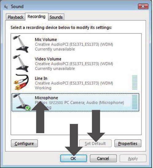 Windows Vista için: 1 Masaüstü/dizüstü bilgisayarınızda Başlat > Denetim Masası öğelerini 2 Ardından, Donanım ve Ses öğesini 3 Ardından Ses i 4 Açılan pencerede Kayıt sekmesini Philips SPZ2000 web