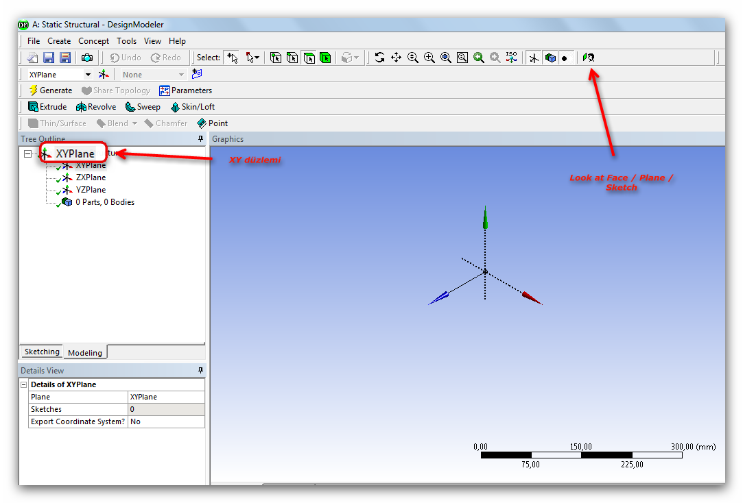 2.4 GEOMETRY Geometry butonuna tıklayalım. Ansys Workbench Design Modeler penceresi açıldı. Bu sayfada geometriyi oluşturacağız.