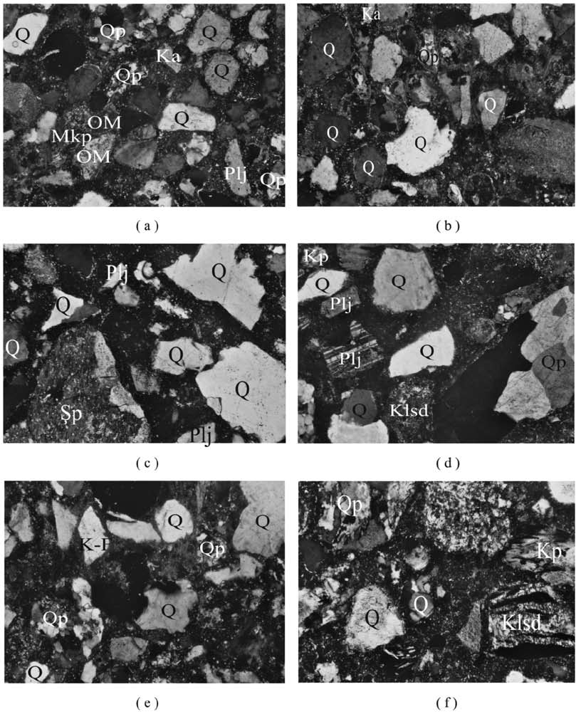 22 Mühendislik Jeoloji Bülteni Şekil 3: Kum örnekleri ile üretilen harçların polarizan mikroskoptaki görünümleri (Çift nikol, 25X): (a) AS, (b) AP, (c) CV, (d) ST, (e) OE, (f) BC.