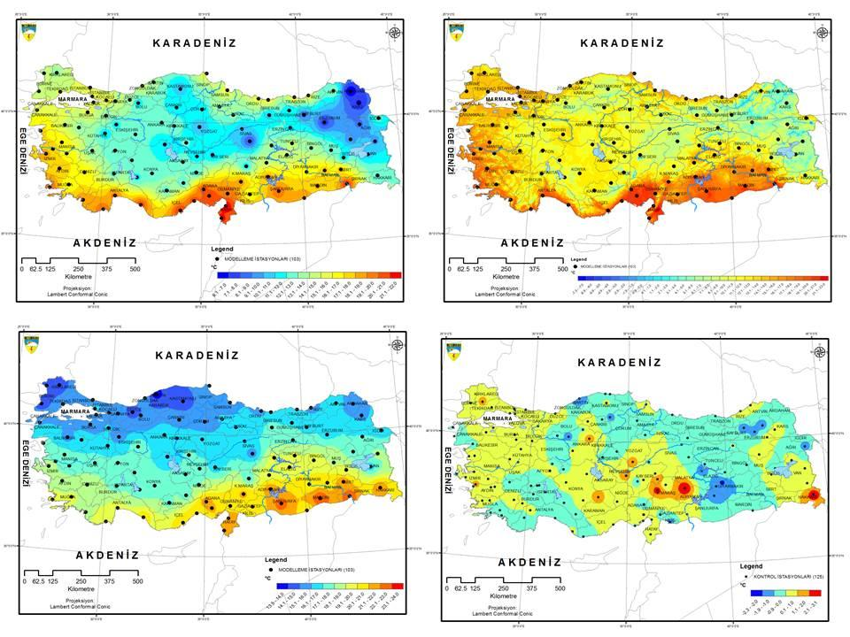 Şekil 5 Sonbahar mevsimi ortalama sıcaklık normalleri dağılımı ( sol üst). Sonbahar mevsimi deniz seviyesine indirgenmiş sıcaklık dağılımı (sol alt).