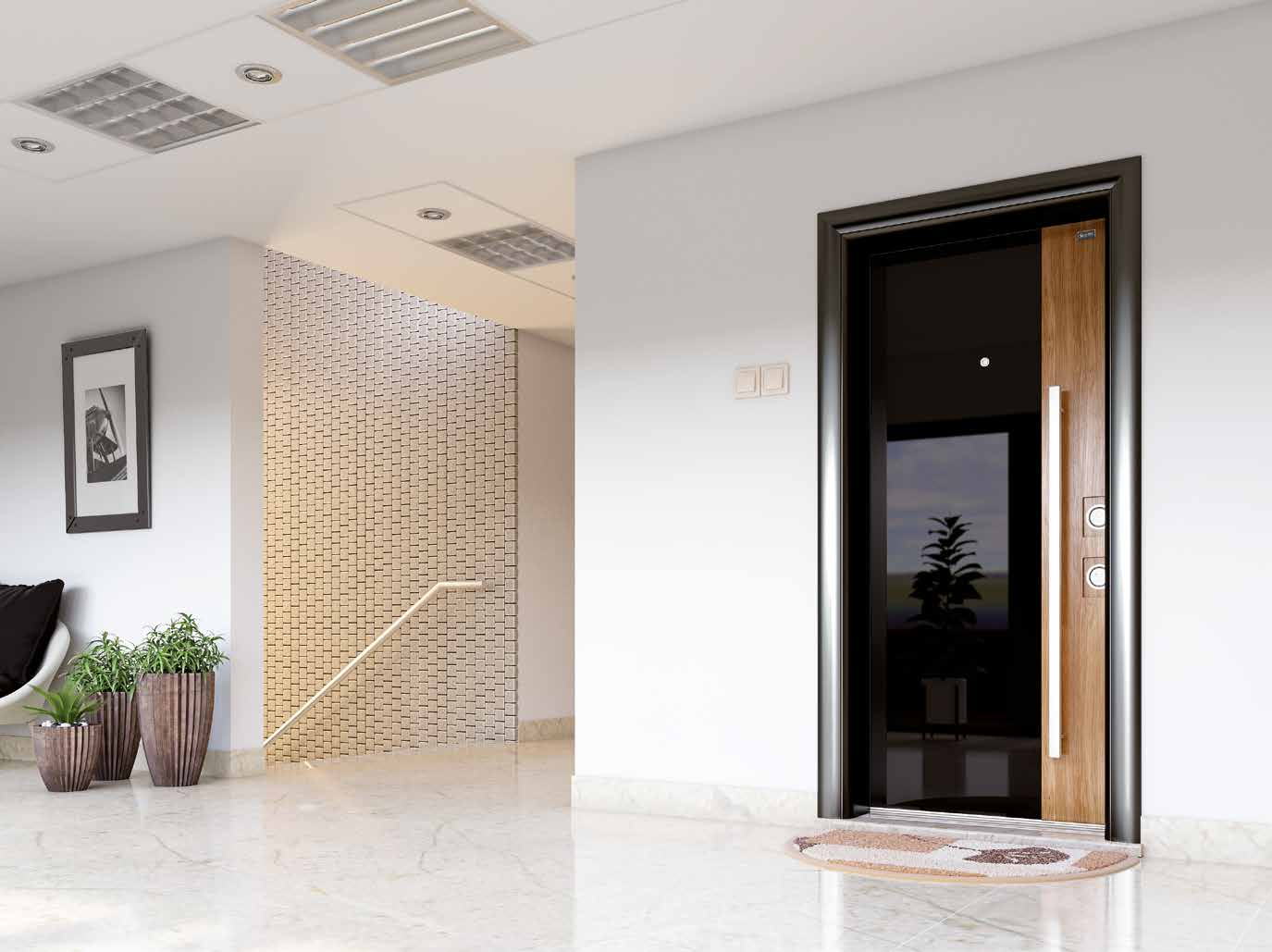 70.71 KANAL C-41 Security Doors with Glass Panel Cam Panelli Çelik Kapılar Nano Door System Leaf front face is made of 8 mm tempered glass in Ral7021 color and limba wooden panel Kanat ön yüz 8 mm