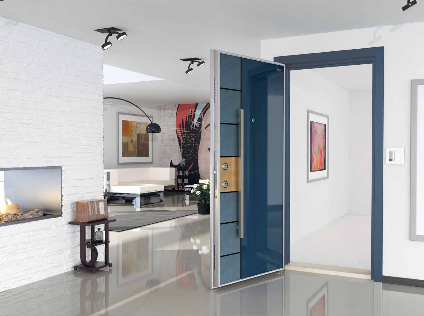 100.101 STONE-GLASS C-40 Security Doors with Glass Panel Cam Panelli Çelik Kapılar Nano Door System Leaf front face is made of tempered glass in Ral 7021 colour and in width of 8 mm Kanat ön yüz 8 mm