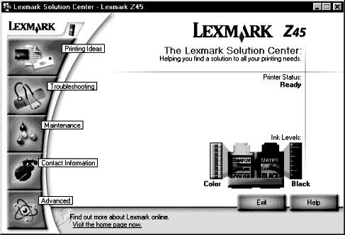 Yazılımı, yazdırma gereksinimlerinizin karşılanması için kullanma Lexmark Solution Center (Lexmark Çözüm Merkezi) (yalnızca Windows) Masaüstünüzden Lexmark Z45 Solution Center (Lexmark Çözüm Merkezi)