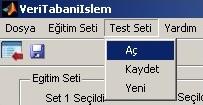 Arayüze ait dosya menüsü ve alt menüleri Dosya komutunun altındaki Yeni alt menüsü, arayüzde bulunan eğitim seti, test seti, doğruluk ve hata oranları olmak üzere tüm bilgileri silmekte yeni bir