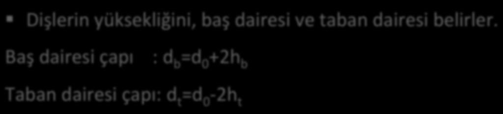 Silindirik Düz : Temel Kavramlar ve Boyutlar Dişlerin yüksekliğini, baş dairesi ve