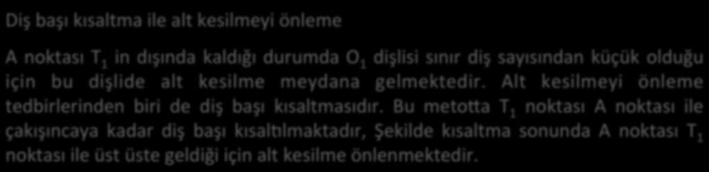 Silindirik Düz : Temel Kavramlar ve Boyutlar Diş başı kısaltma ile alt kesilmeyi önleme A noktası T 1 in dışında kaldığı durumda O 1 dişlisi sınır diş sayısından küçük olduğu için bu dişlide alt